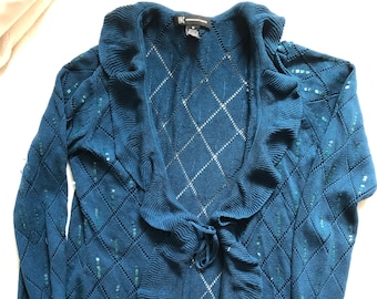 Sequin-Studded Tie-Front Cardigan: Silk Cotton Blend, Peacock Blue