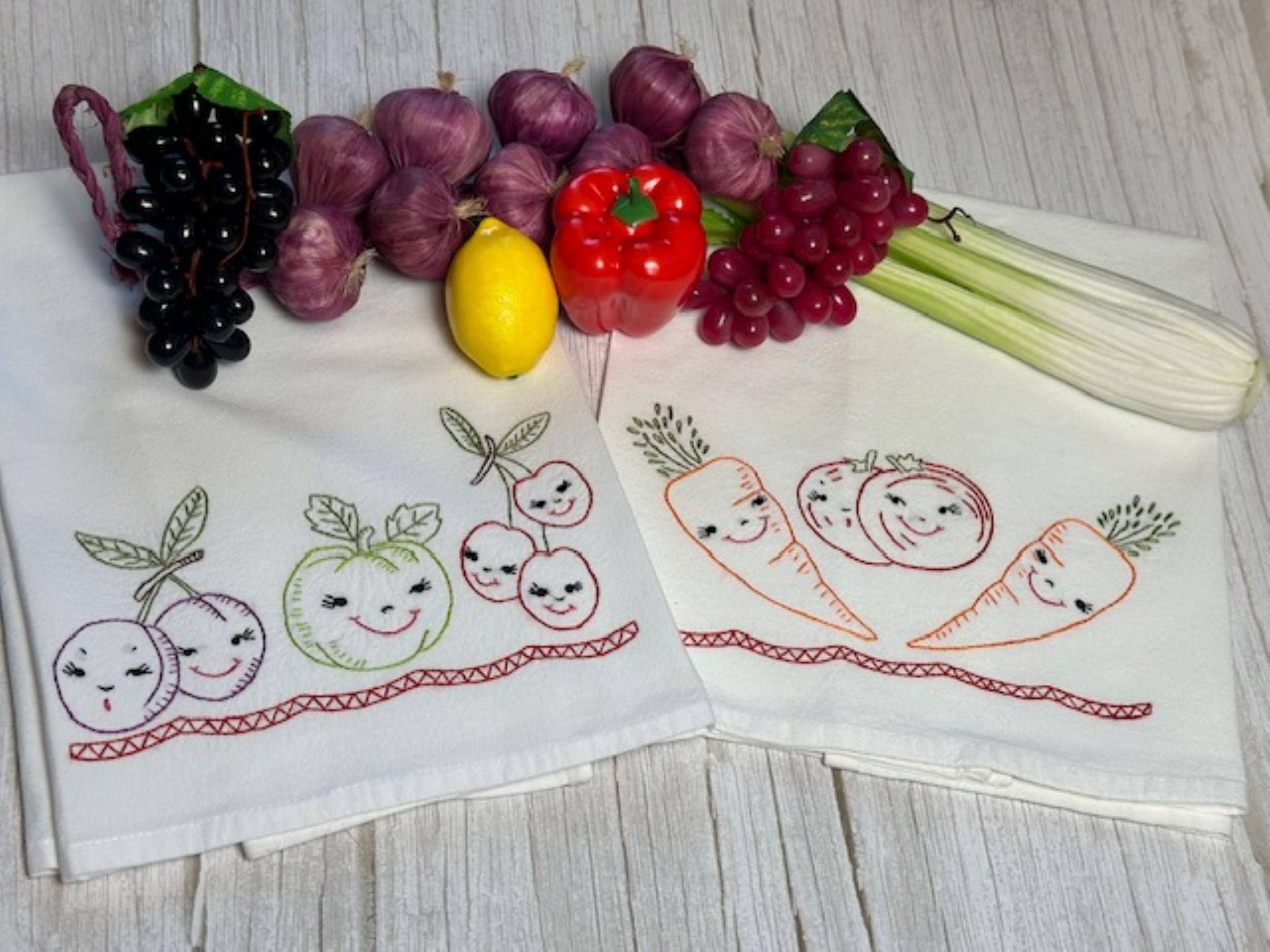 Whimsical Retro Fruits and Veggies Flour Sack Tea Towels (Set 2) with Custom Border Color– Vibrant Kitsch Kitchen Decor