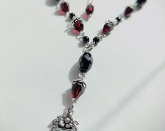 Deep crimson strawberries, red and black rosary style necklace with stainless steel heart pendant and findings