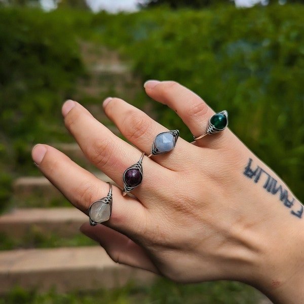 Wire Wrapped Gemstone Ring With Adjustable Band, Unique Adjustable Ring, Silver Band, Tourmaline, Garnet , Aquamarine, Green Agate, Eyeball