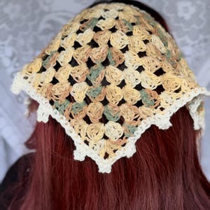 mushroom yellow crochet bandana, large cotton triangle hair scarf brown green white, spring hiking accessories