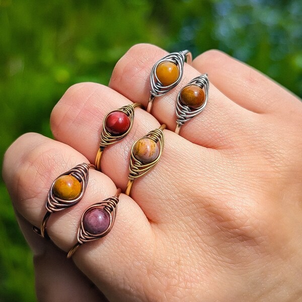 Wire Wrapped Mookaite Jasper Ring Adjustable Band, Silver Rings, Copper Ring,Brass Rings, Eyeball Ring, Unique Stackable Ring, Jewelry Gift