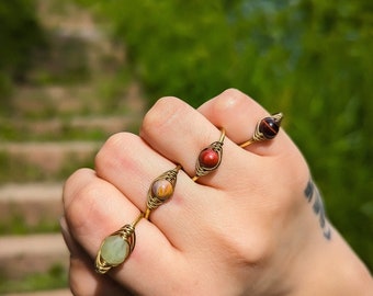 Wire Wrapped Gemstone Ring With Adjustable Band, Unique Adjustable Ring, Brass Band , Peridot, Mookaite Jasper, Tiger’s Eye, Eyeball ring