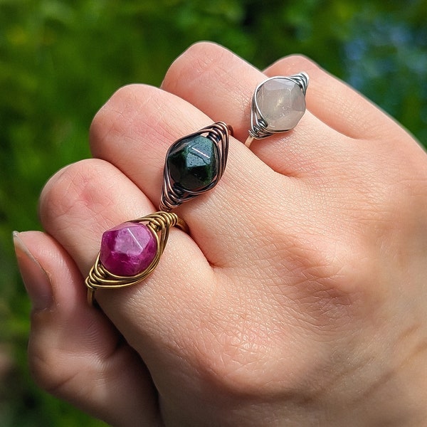 Wire Wrapped Tourmaline Ring Adjustable Band, Silver Rings, Copper Ring,Brass Rings, Eyeball Ring, Unique Stackable Ring, Birthstone Jewelry