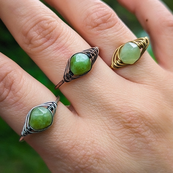 Wire Wrapped Peridot Ring Adjustable Band, Silver Rings, Copper Ring,Brass Rings, Eyeball Ring, Unique Stackable Ring, Birthstone Jewelry