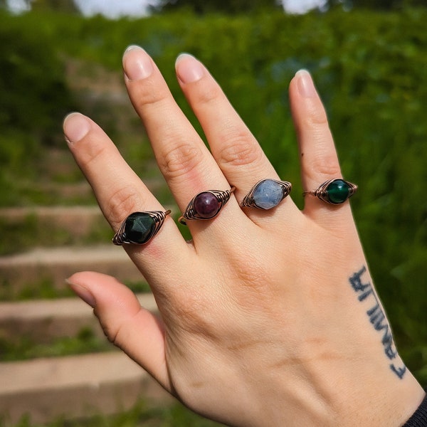 Wire Wrapped Gemstone Ring Adjustable Band, Copper Band, Tourmaline, Garnet, Aquamarine, Green Agate, Eyeball Ring, Unique Stackable Ring