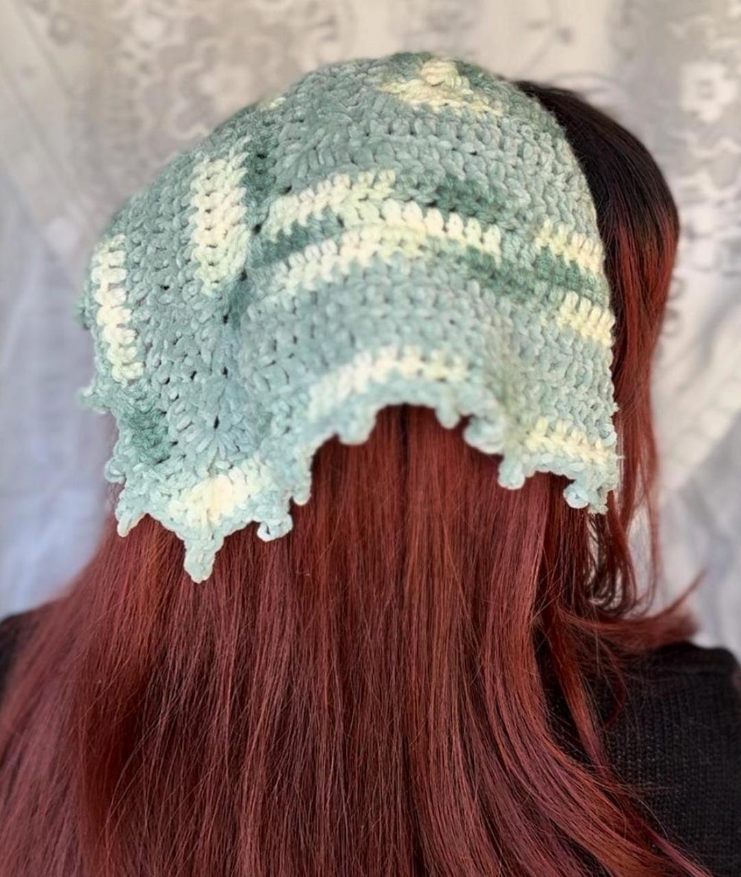 Pastel Mint Blue Green Crochet Bandana, Large Triangle Hair  display picture 2