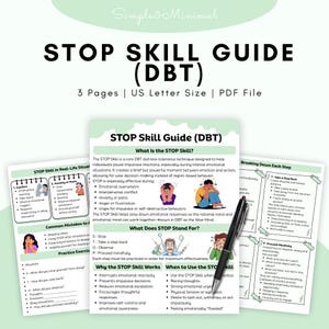 Puede incluir: Una guía titulada "STOP Skill Guide (DBT)" con el texto "3 Pages | US Letter Size | PDF File". La guía está abierta, mostrando información sobre la habilidad STOP, incluyendo qué es, cómo funciona y cuándo usarla. Un bolígrafo negro descansa sobre las páginas.