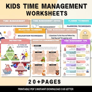May include: A set of printable worksheets for kids on time management. The worksheets cover topics such as delegation techniques, distraction, assertive communication, planning techniques, and time management tips. The worksheets are colorful and feature illustrations of animals and people.