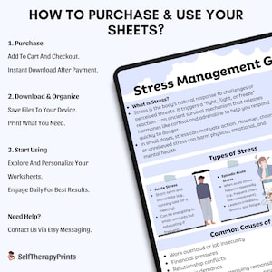 May include: A digital worksheet on a tablet screen, titled "Stress Management Guide." The guide explains stress, its types, and common causes. Instructions on how to purchase and use the sheets are also displayed.