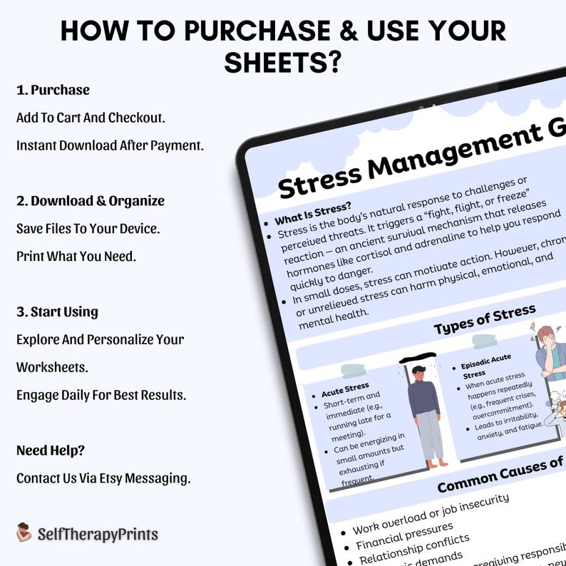 May include: A digital worksheet on a tablet screen, titled "Stress Management Guide." The guide explains stress, its types, and common causes. Instructions on how to purchase and use the sheets are also displayed.