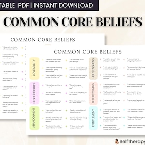 Common Core Beliefs Worksheets | Cognitive Behavioral Therapy | Psych Education | Thinking Traps | Core Values | Personal Growth | CBT Tools