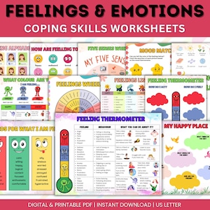 Feelings & Emotion Coping Skills Worksheets for Kids | Feelings Thermometer | Kids Social Emotional Learning | Handouts for Kids - 9 Pages