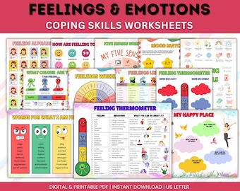 Feelings & Emotion Coping Skills Worksheets for Kids | Feelings Thermometer | Kids Social Emotional Learning | Handouts for Kids - 9 Pages