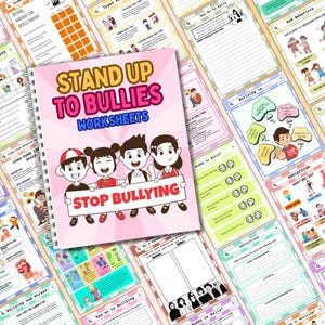 Puede incluir: Un conjunto de hojas de trabajo imprimibles para que los ni&ntilde;os aprendan sobre el acoso. Las hojas de trabajo presentan ilustraciones coloridas de ni&ntilde;os y el texto "Stand Up To Bullies Worksheets" y "Stop Bullying".