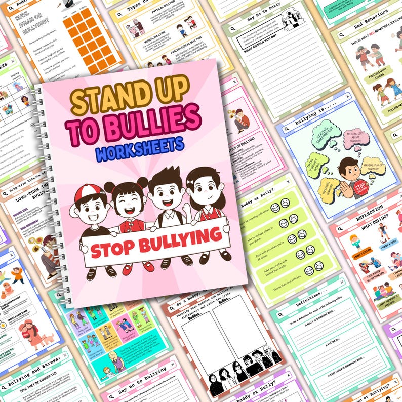Puede incluir: Un conjunto de hojas de trabajo imprimibles para que los ni&ntilde;os aprendan sobre el acoso. Las hojas de trabajo presentan ilustraciones coloridas de ni&ntilde;os y el texto "Stand Up To Bullies Worksheets" y "Stop Bullying".