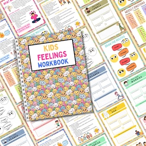 May include: A colorful workbook titled "Kids Feelings Workbook" with a cover design featuring a repeating pattern of cartoon faces expressing different emotions. The workbook includes activities for children to learn about and express their feelings.