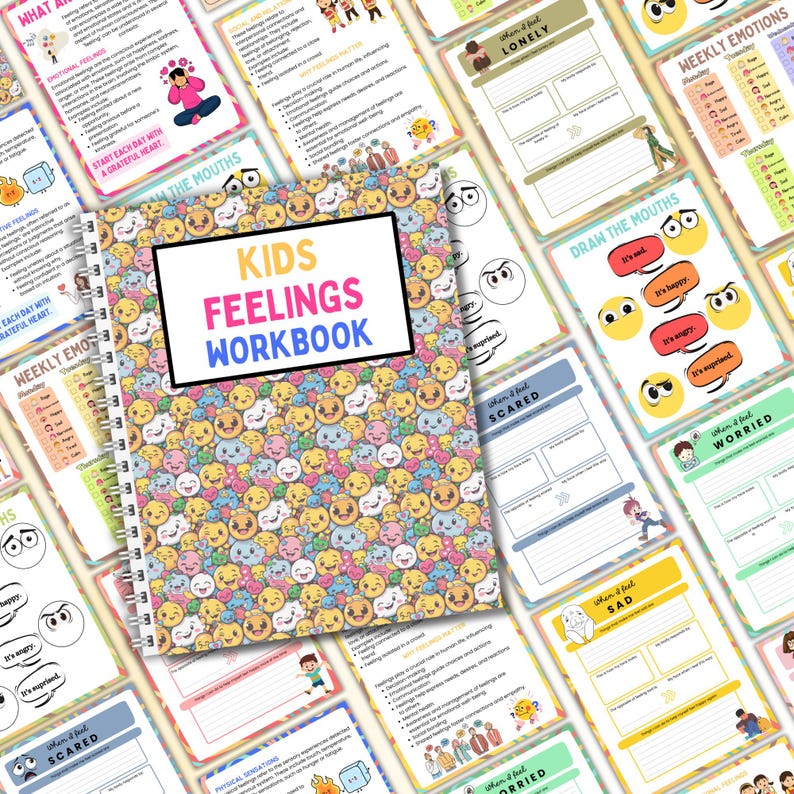 May include: A colorful workbook titled "Kids Feelings Workbook" with a cover design featuring a repeating pattern of cartoon faces expressing different emotions. The workbook includes activities for children to learn about and express their feelings.