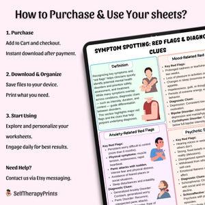 May include: A digital worksheet titled "Symptom Spotting: Red Flags & Diagnostic Clues" with sections on anxiety, mood, and psychotic-related red flags. The worksheet includes definitions, key red flags, and diagnostic clues for mental health.