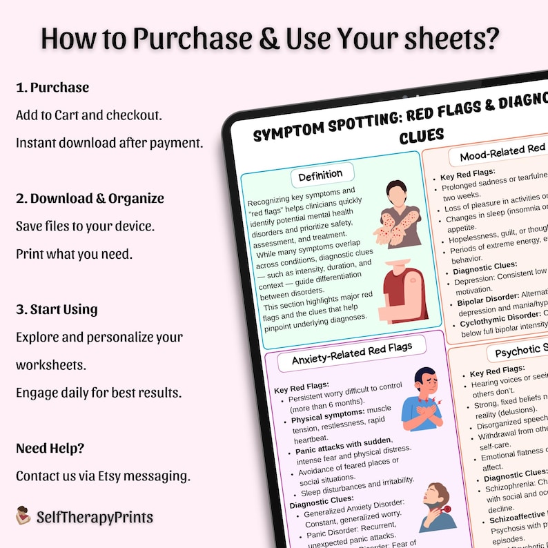 May include: A digital worksheet titled "Symptom Spotting: Red Flags & Diagnostic Clues" with sections on anxiety, mood, and psychotic-related red flags. The worksheet includes definitions, key red flags, and diagnostic clues for mental health.