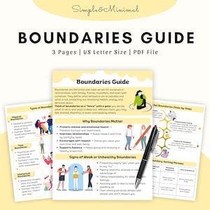 K&ouml;nnte beinhalten: Ein Leitfaden mit dem Titel "Boundaries Guide" mit dem Text "Simple & Minimal" oben. Der Leitfaden ist eine PDF-Datei mit drei Seiten, US Letter-Format. Die Seiten enthalten Illustrationen und Text &uuml;ber Grenzen.