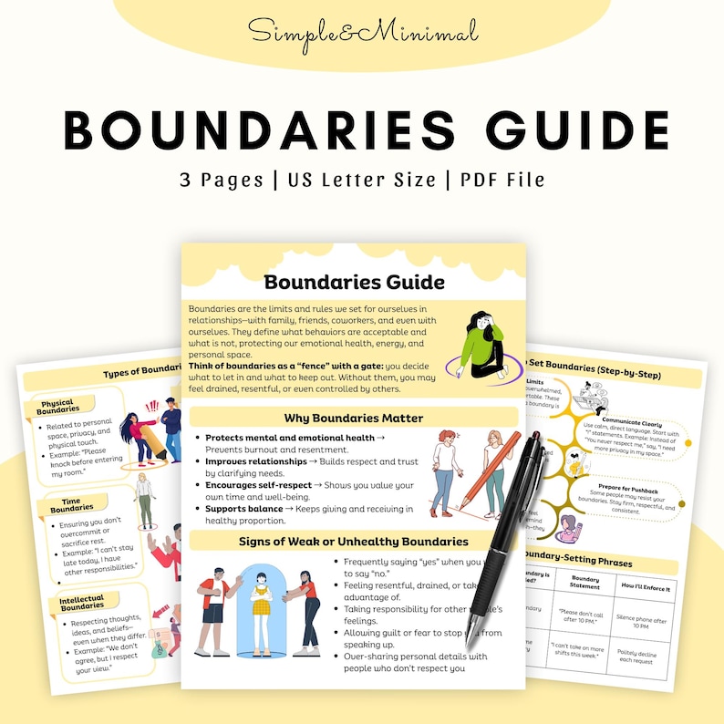 K&ouml;nnte beinhalten: Ein Leitfaden mit dem Titel "Boundaries Guide" mit dem Text "Simple & Minimal" oben. Der Leitfaden ist eine PDF-Datei mit drei Seiten, US Letter-Format. Die Seiten enthalten Illustrationen und Text &uuml;ber Grenzen.