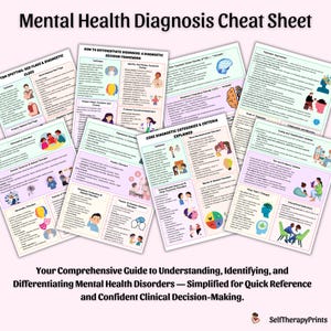 May include: A collection of printed sheets titled "Mental Health Diagnosis Cheat Sheet." The sheets contain text, diagrams, and illustrations related to mental health disorders, including diagnostic criteria and frameworks. The text at the bottom reads: "Your Comprehensive Guide to Understanding..."