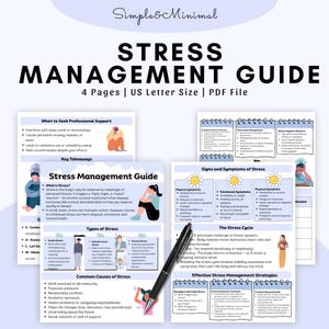 Könnte beinhalten: Ein Stressmanagement-Leitfaden mit dem Titel "Stress Management Guide" in schwarzem Text auf weißem Hintergrund. Der Leitfaden ist eine PDF-Datei, US Letter-Größe und 4 Seiten lang. Der Leitfaden enthält Informationen zu Stresssymptomen und Managementstrategien.