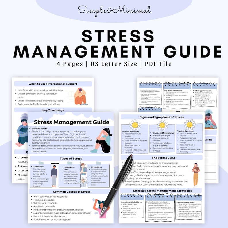 May include: A stress management guide with the title "Stress Management Guide" in black text on a white background. The guide is a PDF file, US Letter size, and 4 pages long. The guide includes information on stress symptoms and management strategies.