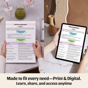 Op de afbeelding: Een persoon houdt een afgedrukt document en een tablet vast met dezelfde inhoud: "Culturele overwegingen." Het document en de tablet hebben een roze en groen kleurenschema met opsommingstekens en een tabel. De tekst onderaan luidt: "Gemaakt om aan elke behoefte te voldoen - Print & Digitaal. Leer, deel en krijg altijd toegang."