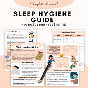 Puede incluir: Una guía de higiene del sueño titulada "SLEEP HYGIENE GUIDE", con el texto "4 Pages | US Letter Size | PDF File". La guía incluye consejos sobre hábitos de sueño, dieta y manejo del estrés, con ilustraciones y una lista de verificación.