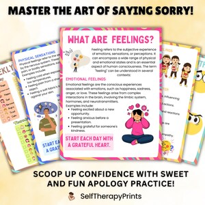 May include: A printable worksheet with colorful illustrations and text about feelings. The worksheet includes a section on physical sensations, emotional feelings, and how to start each day with a grateful heart. The text includes the phrase "Master the art of saying sorry!" and "Scoop up confidence with sweet and fun apology practice!"