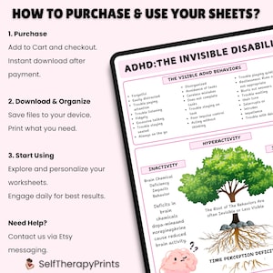 May include: A printable worksheet with the title "ADHD: The Invisible Disability" and a list of visible and invisible ADHD behaviors. The worksheet includes a brain illustration and a tree with roots representing the invisible behaviors. The text "The Root of The Behaviors Are Often Invisible or Less Visible" is included.