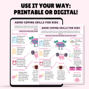 May include: A printable or digital worksheet with illustrations and text explaining ADHD coping skills for kids. The worksheet lists executive functions impaired in kids with ADHD, such as planning, prioritizing, task initiation, time management, attention, emotional control, perseverance, and organization.
