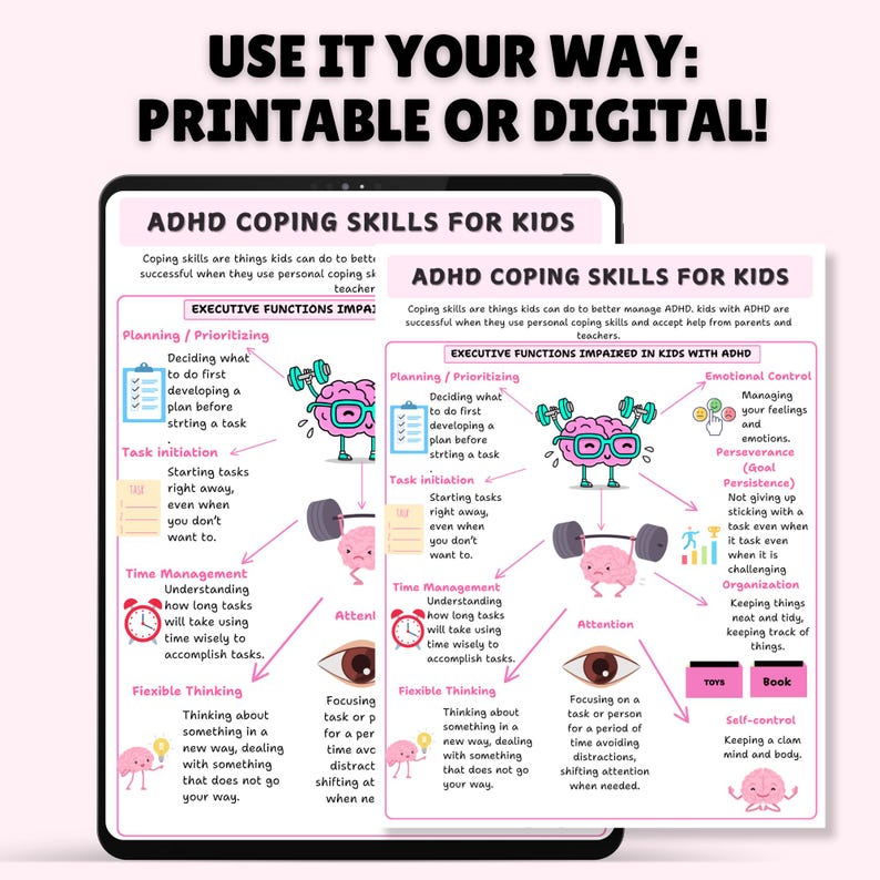 May include: A printable or digital worksheet with illustrations and text explaining ADHD coping skills for kids. The worksheet lists executive functions impaired in kids with ADHD, such as planning, prioritizing, task initiation, time management, attention, emotional control, perseverance, and organization.