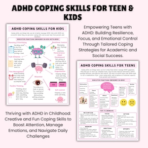 May include: Pink and white printable worksheet with illustrations of a brain and smiling faces. The worksheet provides coping skills for children and teens with ADHD. The text includes "ADHD Coping Skills for Kids" and "ADHD Coping Skills for Teens".