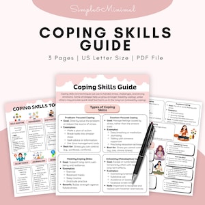 May include: A guide titled "Coping Skills Guide" with the text "Simple & Minimal" at the top. The guide includes information on coping skills, types of coping, and examples. A black pen rests on the guide.