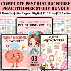 May include: A digital study bundle for psychiatric nurse practitioners. The bundle includes three guides: a study guide, a diagnosis cheat sheet, and a medication study guide. The guides are digital PDF files, with 184 pages in total, and are US Letter size.