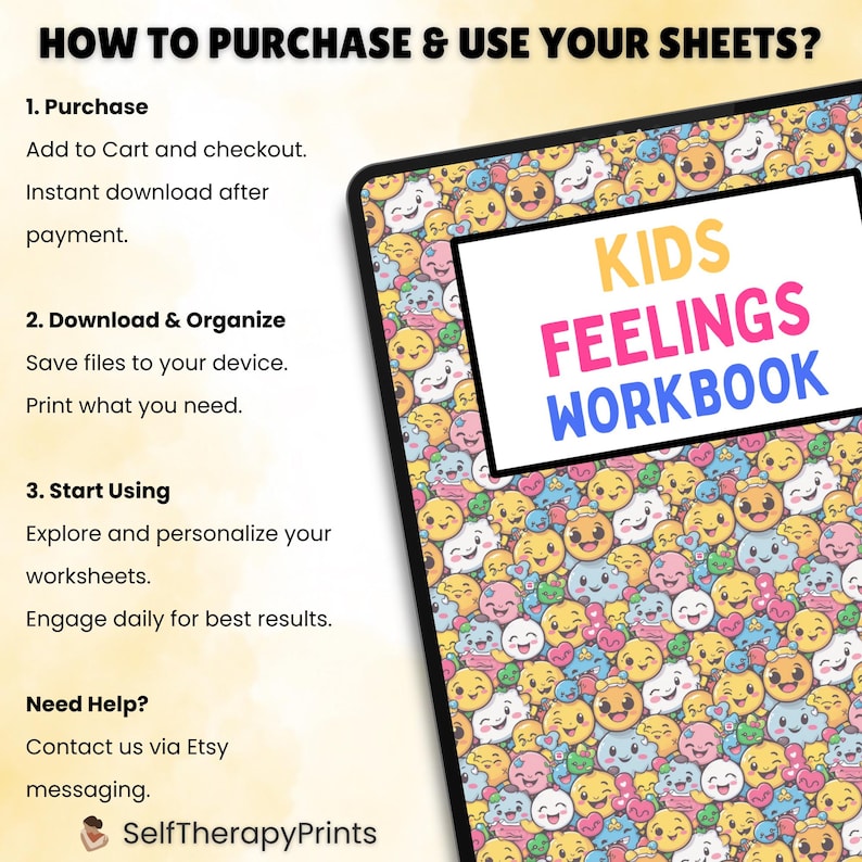 May include: A digital download for a kids feelings workbook. The cover features a colorful pattern of cartoon faces with different expressions. The title "KIDS FEELINGS WORKBOOK" is written in pink, yellow, and blue.