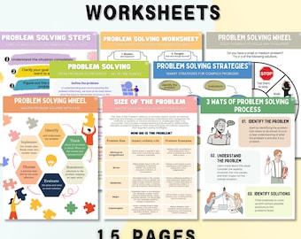 May include: A set of printable worksheets for problem solving. The worksheets feature colorful illustrations and focus on identifying the problem, understanding the problem, and identifying solutions. The worksheets are titled "Size of the Problem", "Problem Solving Steps", "Problem Solving Strategies", and "Problem Solving Wheel".