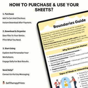 K&ouml;nnte beinhalten: Ein digitales Handbuch auf einem Tablet-Bildschirm mit dem Titel "Boundaries Guide", das Text zur Erkl&auml;rung von Grenzen und ihrer Bedeutung enth&auml;lt. Das Bild enth&auml;lt auch Anweisungen zum Kauf und zur Verwendung der Bl&auml;tter.