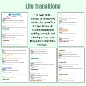 Puede incluir: Un gr&aacute;fico en verde azulado y blanco titulado "Life Transitions" con texto que ofrece herramientas terap&eacute;uticas para navegar por los cambios de la vida. La imagen incluye varias secciones con preguntas y avisos para la autorreflexi&oacute;n.