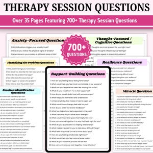 Könnte beinhalten: Ein digitaler Download mit über 35 Seiten mit Fragen für Therapiesitzungen. Die Fragen sind in Abschnitte wie Angstfokus, Identifizierung des Problems und Beziehungsaufbau unterteilt, mit über 700 Fragen insgesamt.