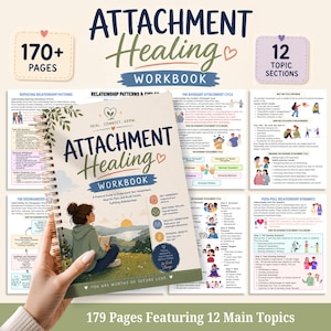 Puede incluir: Un cuaderno de ejercicios de espiral titulado Attachment Healing con una ilustración de portada de una persona sentada al aire libre al amanecer. El libro incluye más de 170 páginas y 12 secciones temáticas con textos sobre patrones de relación.