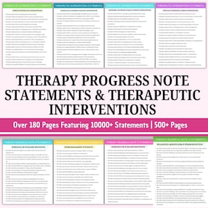 以下が含まれることがあります： 「Therapy Progress Note Statements & Therapeutic Interventions」と題されたデジタルドキュメント。ステートメントと介入のリストが含まれており、「Over 180 Pages Featuring 10000+ Statements | 500+ Pages」というテキストが表示されています。