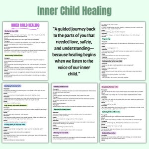 Puede incluir: Una infograf&iacute;a blanca titulada "Inner Child Healing" (Sanaci&oacute;n del Ni&ntilde;o Interior) con secciones sobre temas como "Conociendo al Ni&ntilde;o Interior" e "Identificando Partes Protectoras". El texto incluye una cita sobre la curaci&oacute;n.