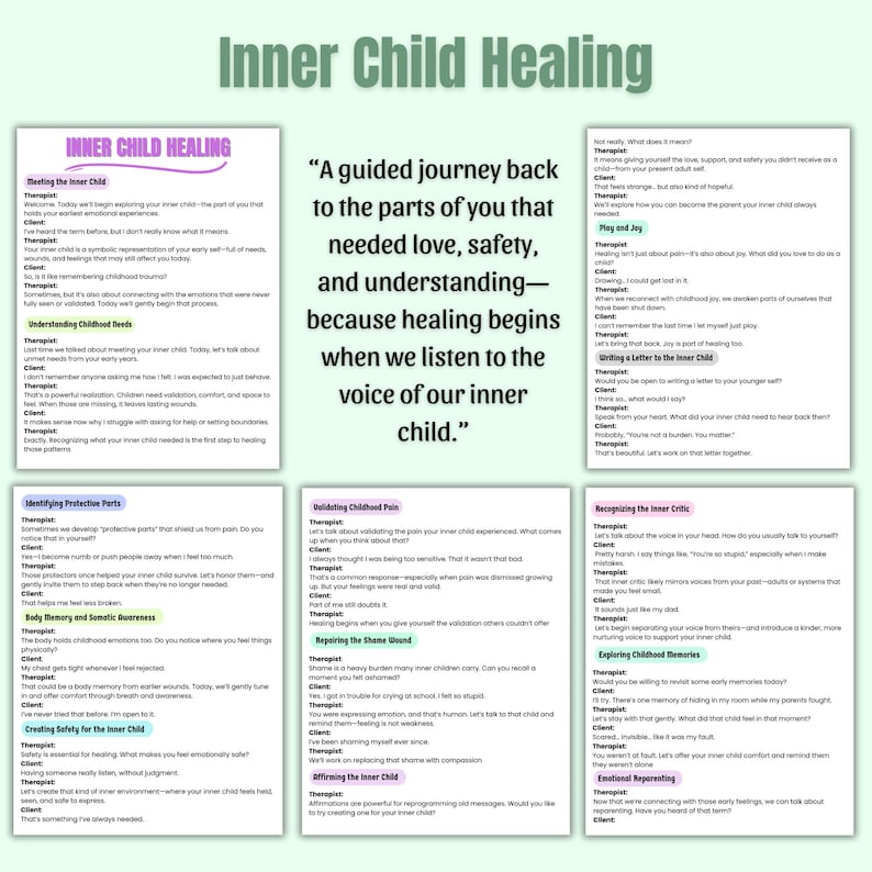 Puede incluir: Una infograf&iacute;a blanca titulada "Inner Child Healing" (Sanaci&oacute;n del Ni&ntilde;o Interior) con secciones sobre temas como "Conociendo al Ni&ntilde;o Interior" e "Identificando Partes Protectoras". El texto incluye una cita sobre la curaci&oacute;n.
