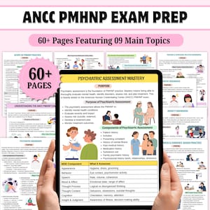 May include: A tablet displays a study guide for the ANCC PMHNP exam, featuring the title "Psychiatric Assessment Mastery." The guide includes topics like psychiatric assessment, mental health conditions, and treatment planning. The image shows 60+ pages with 09 main topics.