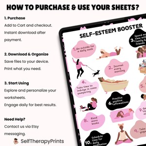 May include: A digital self-esteem booster worksheet displayed on a tablet. The worksheet features pink speech bubbles with self-care activities like journaling, taking a walk, and practicing affirmations. Instructions on how to purchase and use the sheets are also included.