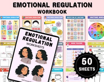 以下が含まれることがあります： 「EMOTIONAL REGULATION WORKBOOK」というタイトルのワークブックで、50枚のシートがあります。表紙には「EMOTIONAL REGULATION WORKSHEETS」というテキストとイラストが描かれています。感情調整に関するさまざまなワークシートが表示されています。